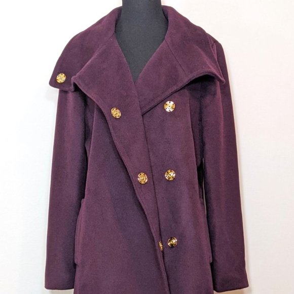 Ann Taylor Felt Purple Gold Button Trench Coat - Picture 3 of 10
